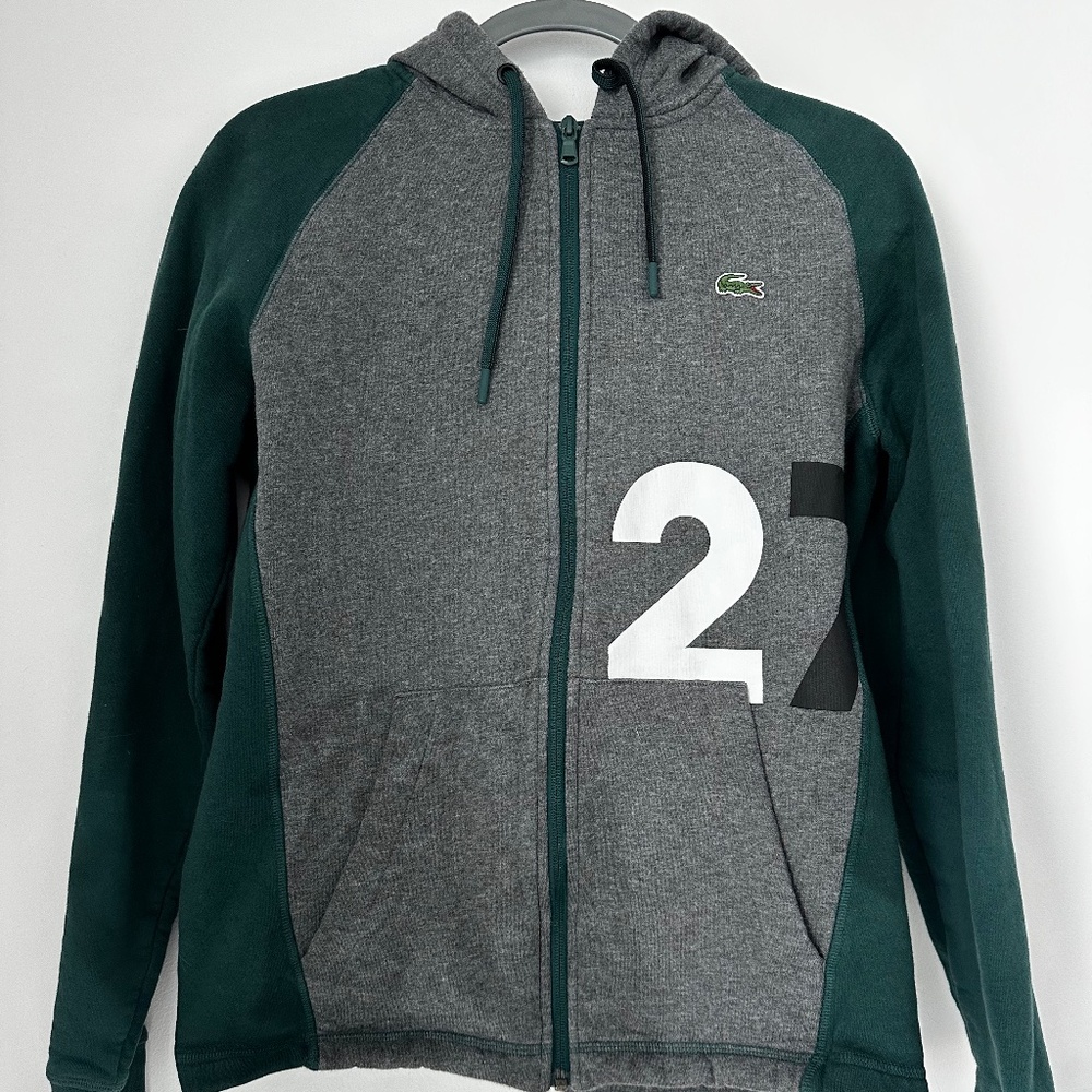 Lacoste Zip Up Hoodie in Green/Grey - Medium